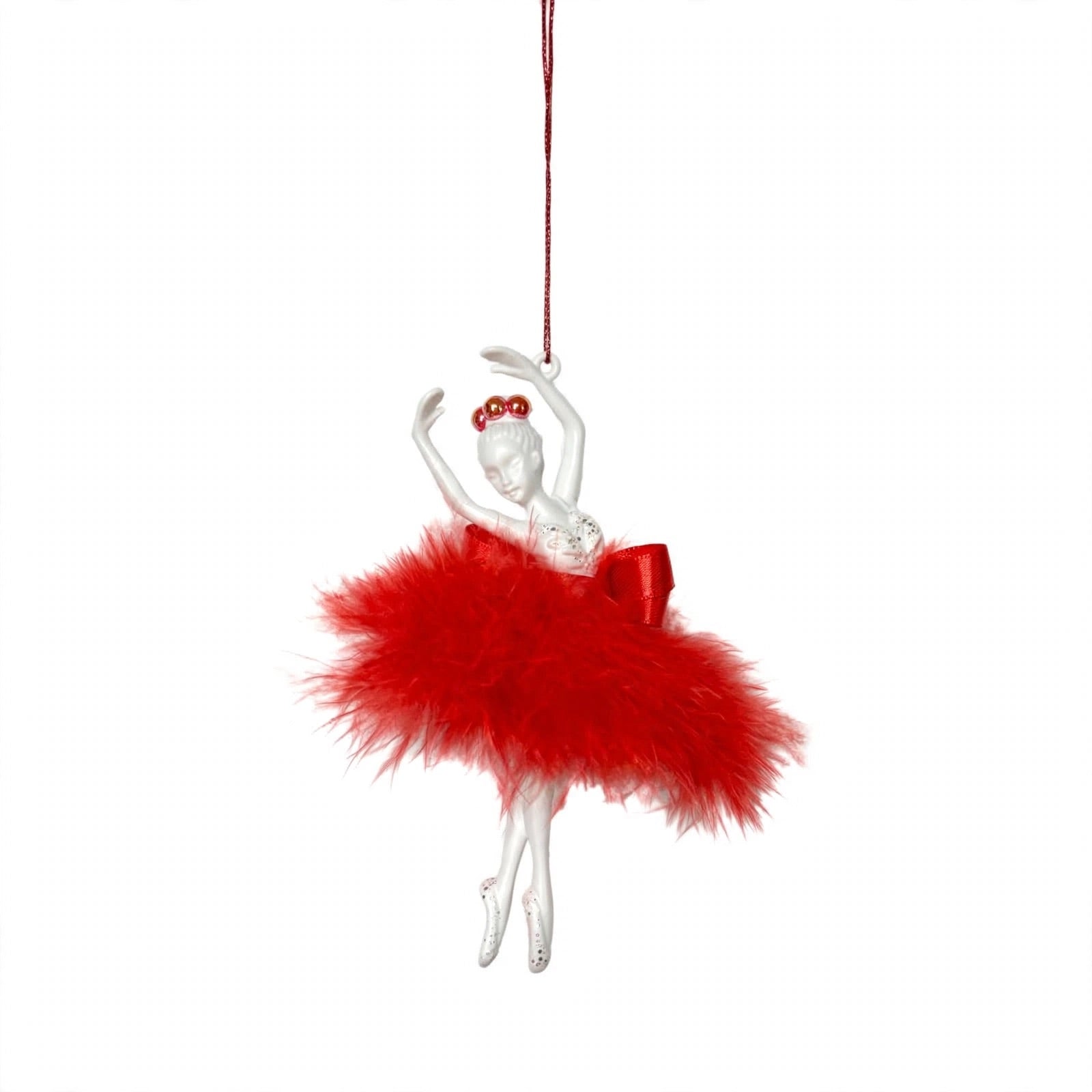 Ballerina di Natale in Abito di Piume, Ornamento Elegante per Albero Natalizio, colore Rosso – ornamenti natalizi Merry Worlds, foto 5